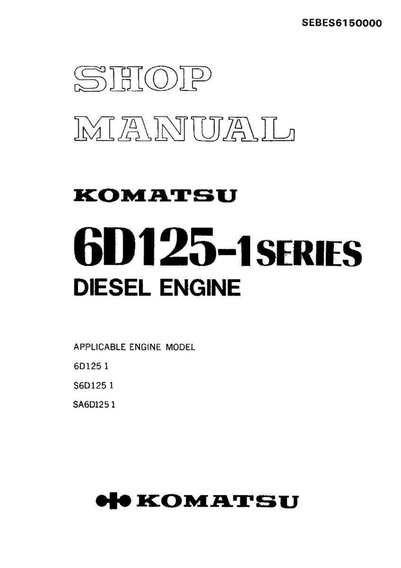May include: A white page with black text. The text reads "SHOP MANUAL" above "KOMATSU 6D125-1 SERIES DIESEL ENGINE". Below are engine model numbers. The Komatsu logo is at the bottom.