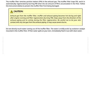 Puede incluir: P&aacute;gina blanca con texto: "Notes for Muffler Filter (ZX50U-5N, 60USB-5N)". El texto describe la funci&oacute;n del filtro del silenciador, incluyendo una advertencia sobre gases de escape calientes y posibles quemaduras. N&uacute;mero de p&aacute;gina 89.