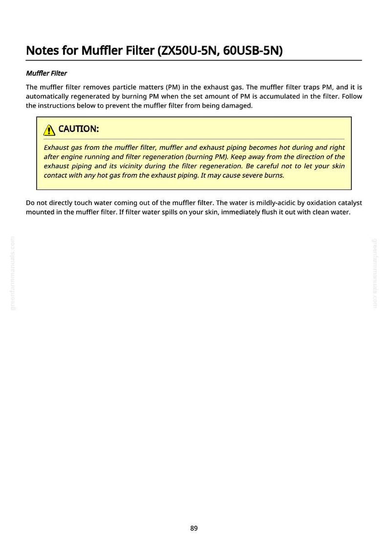 Puede incluir: P&aacute;gina blanca con texto: "Notes for Muffler Filter (ZX50U-5N, 60USB-5N)". El texto describe la funci&oacute;n del filtro del silenciador, incluyendo una advertencia sobre gases de escape calientes y posibles quemaduras. N&uacute;mero de p&aacute;gina 89.