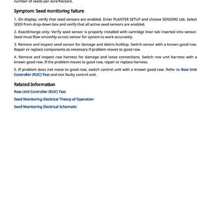 May include: A white document titled "Seed Monitoring Observable Symptoms" with troubleshooting steps for seed monitoring failure. Includes instructions for sensor verification and harness inspection. The document also lists related information.
