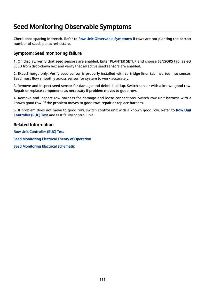 May include: A white document titled "Seed Monitoring Observable Symptoms" with troubleshooting steps for seed monitoring failure. Includes instructions for sensor verification and harness inspection. The document also lists related information.