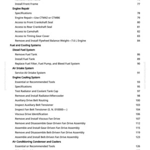 May include: A page from a manual with a list of engine repair and cooling system procedures. The text includes specifications, removal, and installation instructions for various engine components and systems.