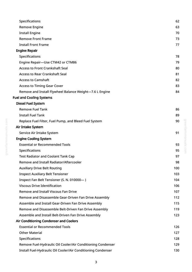 May include: A page from a manual with a list of engine repair and cooling system procedures. The text includes specifications, removal, and installation instructions for various engine components and systems.
