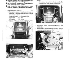 May include: Diagram illustrating the removal and installation of a machine monitor assembly. The image shows various components, including bolts, connectors, and the monitor itself, with numbered labels for each step. The text provides instructions for the process.