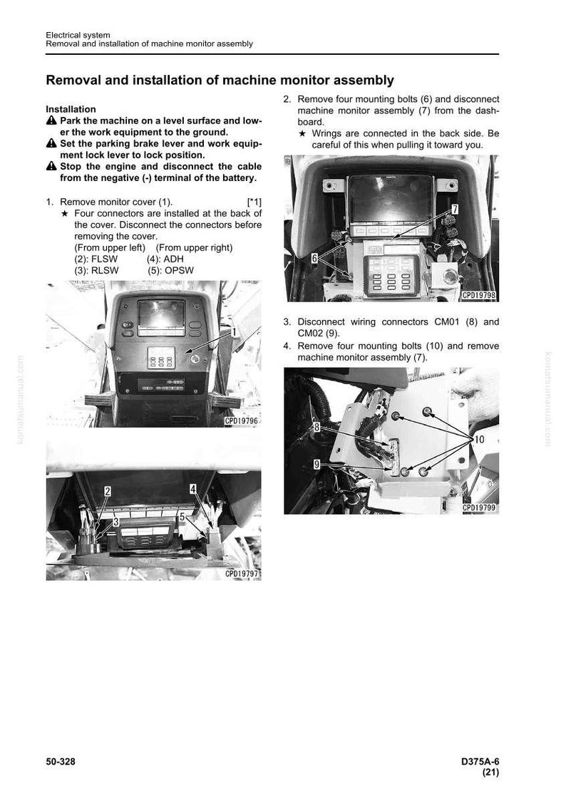 May include: Diagram illustrating the removal and installation of a machine monitor assembly. The image shows various components, including bolts, connectors, and the monitor itself, with numbered labels for each step. The text provides instructions for the process.
