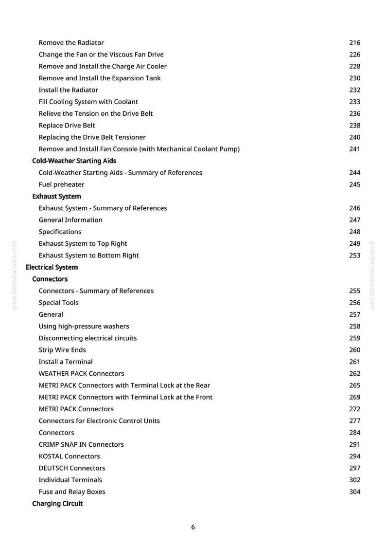 May include: A page from a manual with a list of automotive repair procedures. The text includes topics like "Remove the Radiator," "Exhaust System," and "Electrical System." The page number is 6.