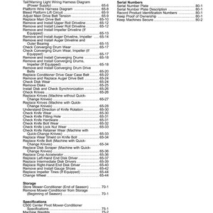 Puede incluir: Una tabla de contenido detallada de un manual, con una lista de procedimientos y diagramas para el mantenimiento de maquinaria. El texto est&aacute; organizado con n&uacute;meros de p&aacute;gina y t&iacute;tulos de secci&oacute;n, como "Reemplazar la correa de transmisi&oacute;n principal" y "Verificar el desgaste de la cuchilla".
