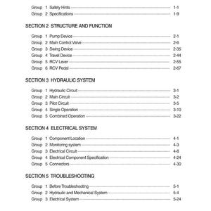 May include: A white page with a table of contents for a technical manual. The document is divided into sections such as General, Structure and Function, Hydraulic System, Electrical System, and Troubleshooting. Each section lists groups and page numbers.