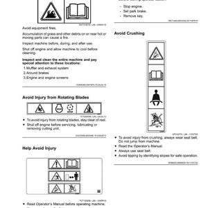 May include: A page from an equipment manual with safety labels and instructions. The labels use symbols to warn against fire, crushing, and rotating blades. Instructions include avoiding slopes, wearing seatbelts, and reading the manual.