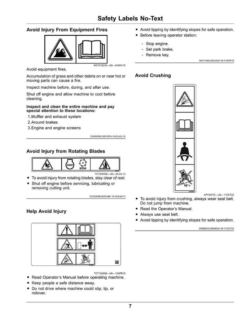 May include: A page from an equipment manual with safety labels and instructions. The labels use symbols to warn against fire, crushing, and rotating blades. Instructions include avoiding slopes, wearing seatbelts, and reading the manual.