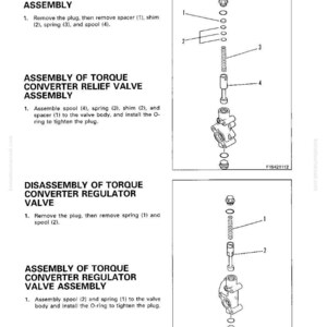 May include: Diagram illustrating the disassembly and assembly of torque converter relief and regulator valves. The image shows exploded diagrams of the components, including springs, spools, and valve bodies, with numbered labels. Text instructions are provided.