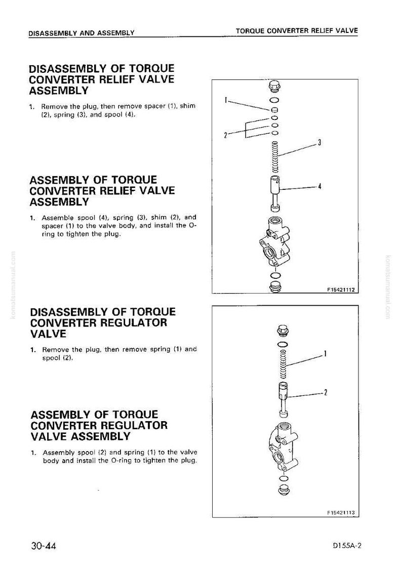 May include: Diagram illustrating the disassembly and assembly of torque converter relief and regulator valves. The image shows exploded diagrams of the components, including springs, spools, and valve bodies, with numbered labels. Text instructions are provided.