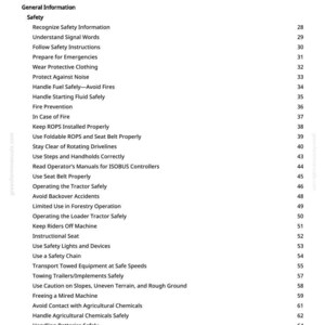 May include: A white page titled "Table of Contents" from a manual. The text lists safety topics such as "Wear Protective Clothing", "Handle Fuel Safely", and "Use Seat Belt Properly". Page numbers are listed on the right.