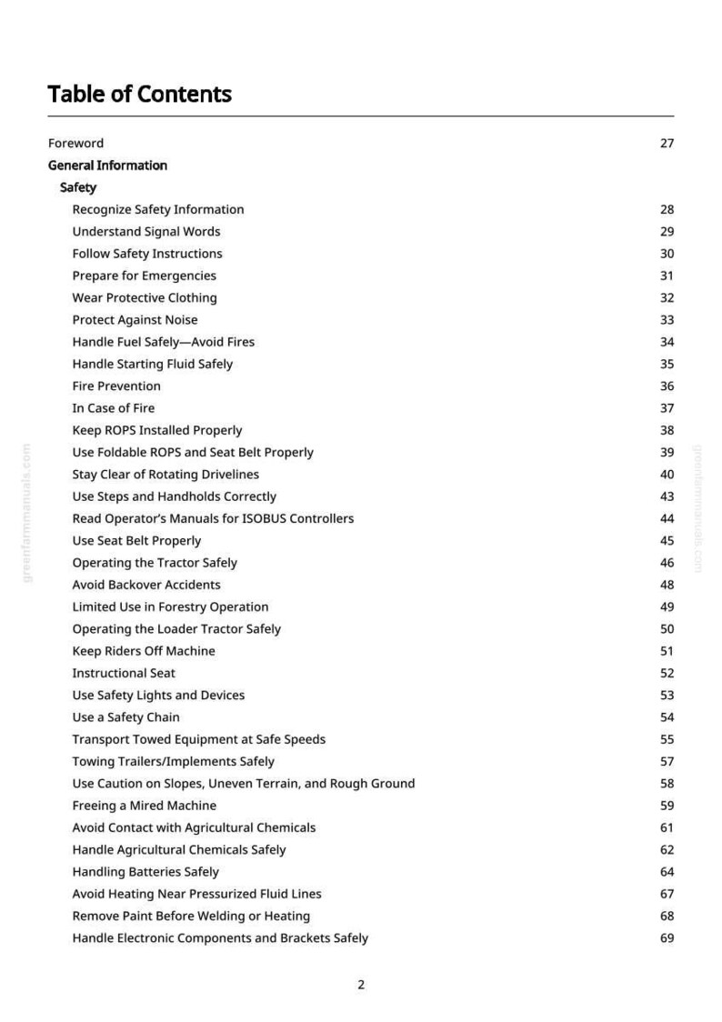May include: A white page titled "Table of Contents" from a manual. The text lists safety topics such as "Wear Protective Clothing", "Handle Fuel Safely", and "Use Seat Belt Properly". Page numbers are listed on the right.
