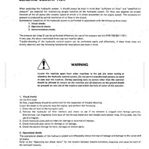 May include: A page from a manual with the title "Testing and Adjustment" and "General Description." The text details hydraulic system checks, including visual, operational, and instrumentation checks, and a warning about safety during testing.