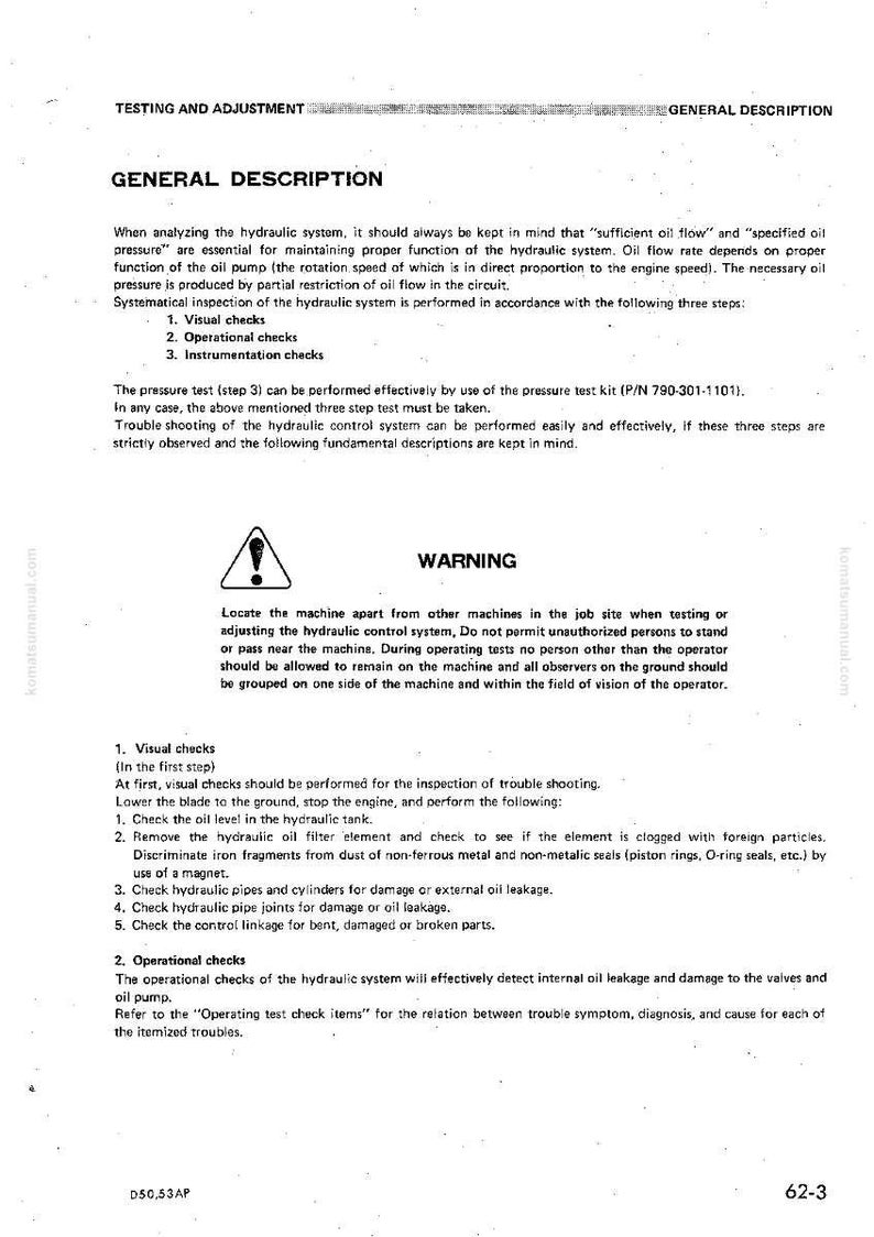 May include: A page from a manual with the title "Testing and Adjustment" and "General Description." The text details hydraulic system checks, including visual, operational, and instrumentation checks, and a warning about safety during testing.