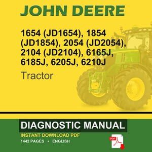 K&ouml;nnte beinhalten: Ein John Deere Traktor wird vor einem gelben Hintergrund gezeigt. Das Bild enth&auml;lt den Text "JOHN DEERE" in Gr&uuml;n sowie Traktormodellnummern. Darunter wird der Text "DIAGNOSTIC MANUAL" angezeigt, der auf ein sofortiges PDF zum Download hinweist.