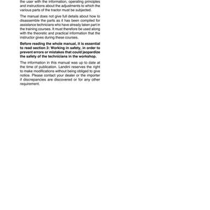 May include: A page from a workshop manual with the title "Introduction" at the top. The text describes the manual's purpose, which is to provide information on operating principles and instructions for tractor adjustments. The page is white with black text.