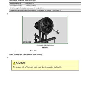 May include: Image of a mechanical component with gears and a brake plate, labeled 'LX1038832'. The image includes a diagram with measurements in inches and millimeters, and a caution about the brake plate's installation.