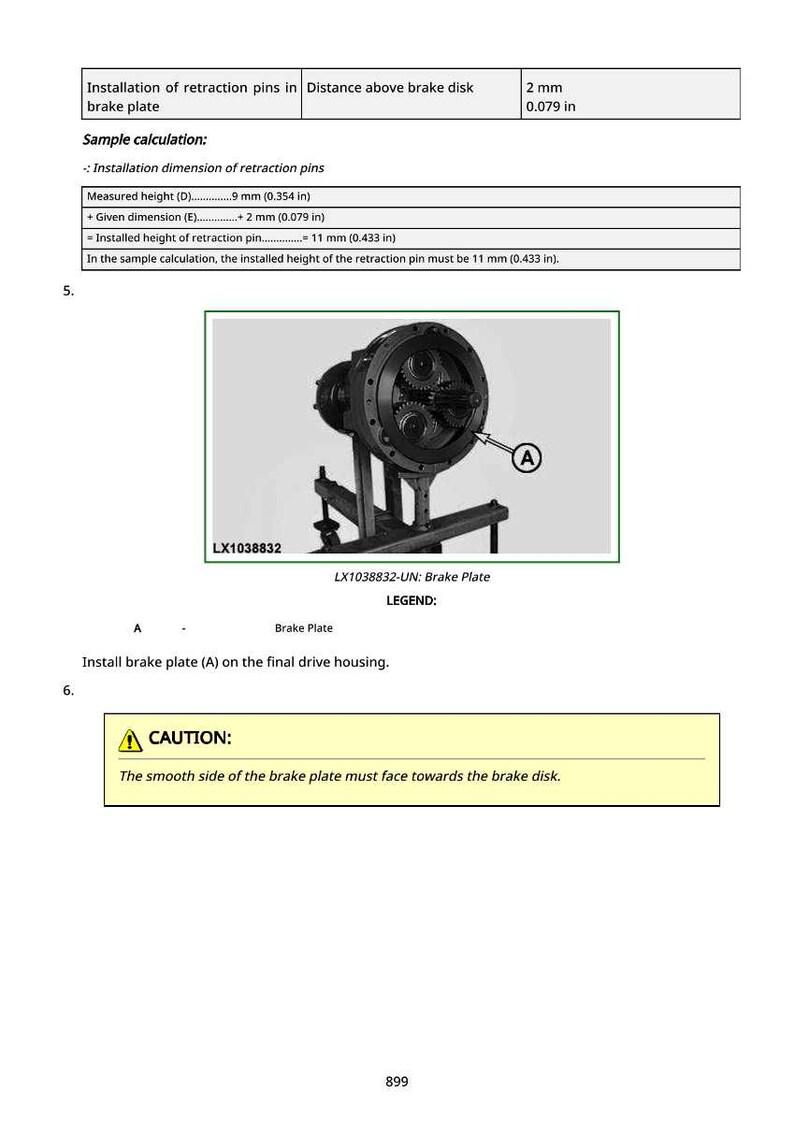 May include: Image of a mechanical component with gears and a brake plate, labeled 'LX1038832'. The image includes a diagram with measurements in inches and millimeters, and a caution about the brake plate's installation.