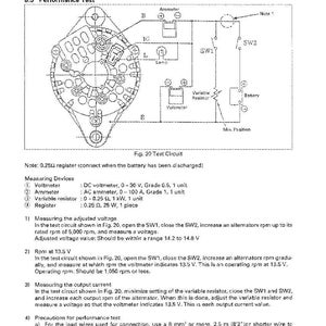 May include: Diagram of a charging system performance test, including a circuit diagram with an ammeter, voltmeter, and variable resistor. Text includes instructions for measuring voltage and output current, with a note about a 0.25&Omega; register.