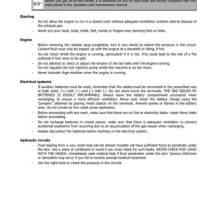 Puede incluir: P&aacute;gina de manual titulada &laquo; SECCI&Oacute;N 1001 &raquo; con instrucciones de seguridad. El texto en negro sobre fondo blanco detalla el mantenimiento del motor, sistemas el&eacute;ctricos y circuitos hidr&aacute;ulicos, con advertencias.