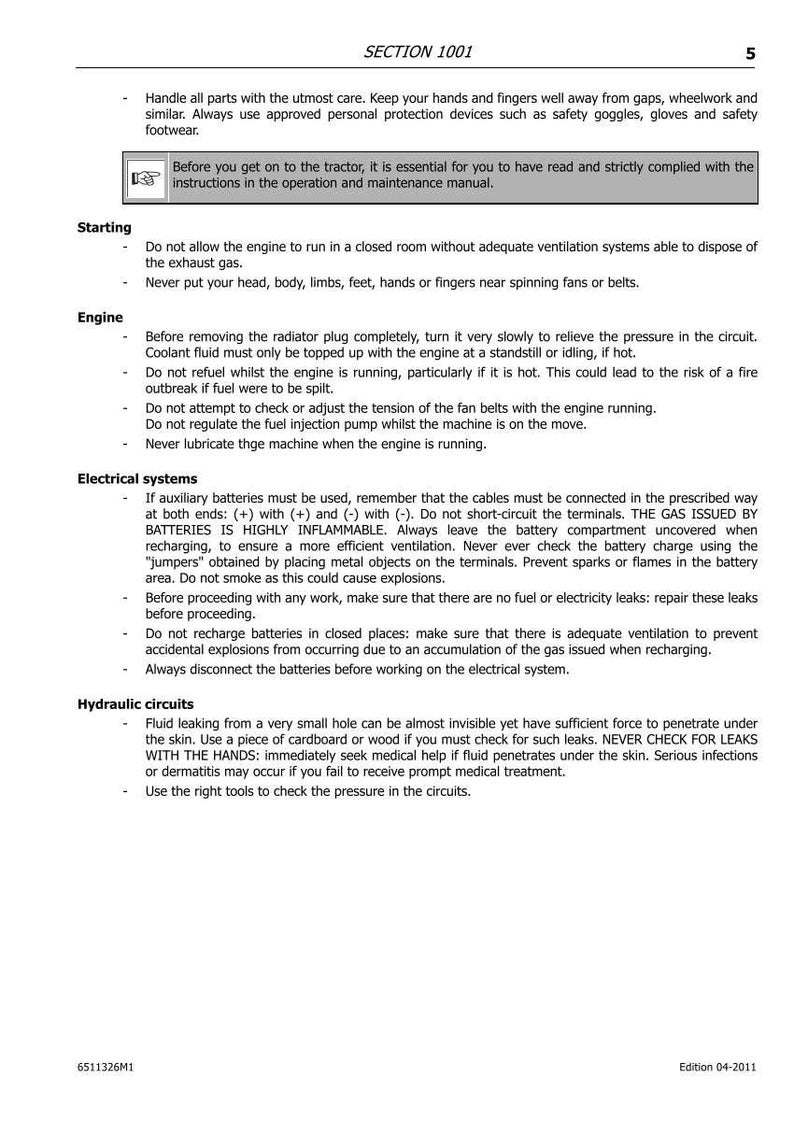 Puede incluir: P&aacute;gina de manual titulada &laquo; SECCI&Oacute;N 1001 &raquo; con instrucciones de seguridad. El texto en negro sobre fondo blanco detalla el mantenimiento del motor, sistemas el&eacute;ctricos y circuitos hidr&aacute;ulicos, con advertencias.