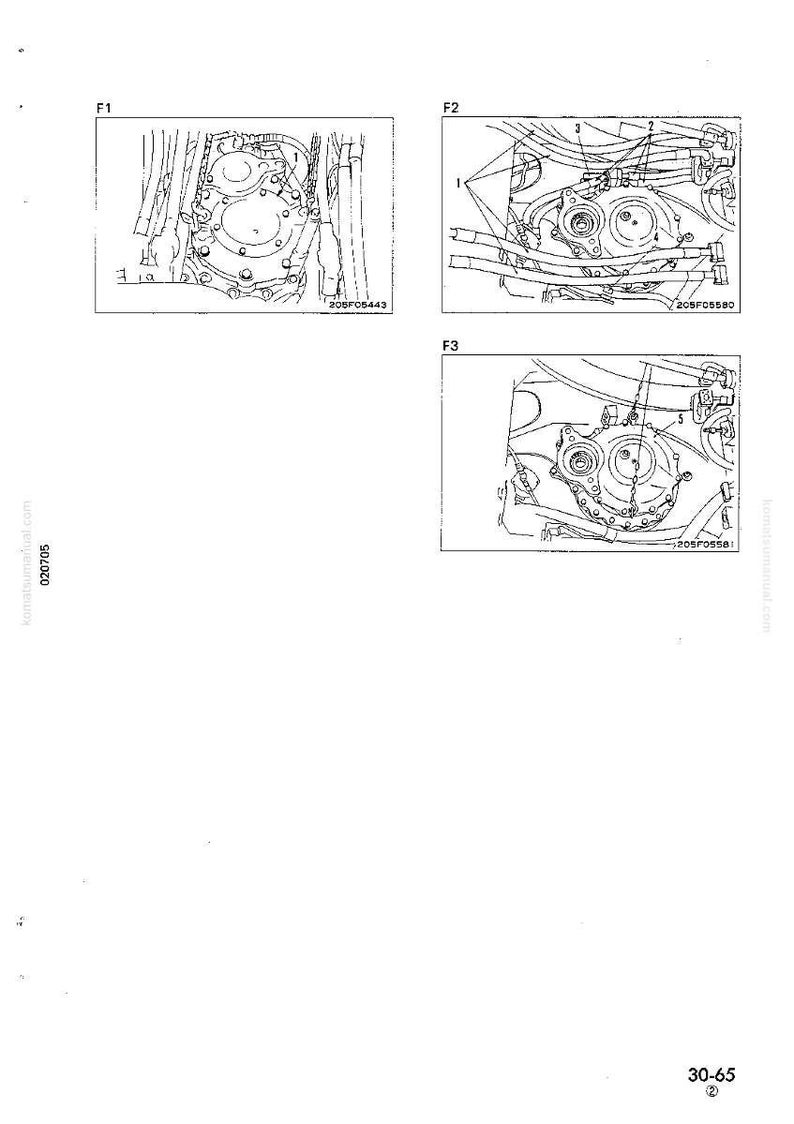Pu&ograve; includere: Diagramma tecnico con tre illustrazioni dettagliate di componenti meccanici, etichettati F1, F2 e F3. Ogni diagramma mostra una vista diversa del macchinario, con varie parti e componenti chiaramente delineati.