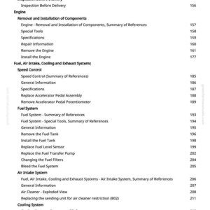 May include: A page from a manual with a table of contents. The text includes sections on engine components, fuel systems, and cooling systems. Page numbers are listed on the right side of the page.
