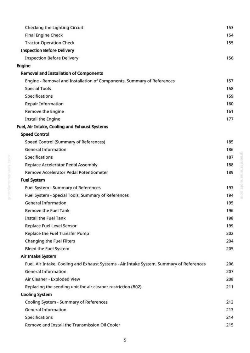 May include: A page from a manual with a table of contents. The text includes sections on engine components, fuel systems, and cooling systems. Page numbers are listed on the right side of the page.