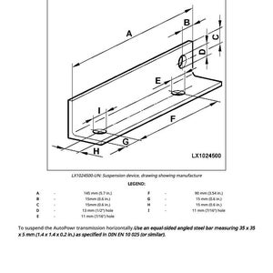May include: Technical drawing of a suspension device, labeled LX1024500, with dimensions in inches and millimeters. The diagram shows a metal bracket with multiple holes, including a 5.7-inch length and a 3.54-inch width.