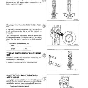 Puede incluir: Diagramas t&eacute;cnicos e instrucciones para reparar una biela. El texto detalla los pasos para retirar, girar e instalar la biela, con procedimientos de prueba e inspecci&oacute;n. Las medidas est&aacute;n en mil&iacute;metros.