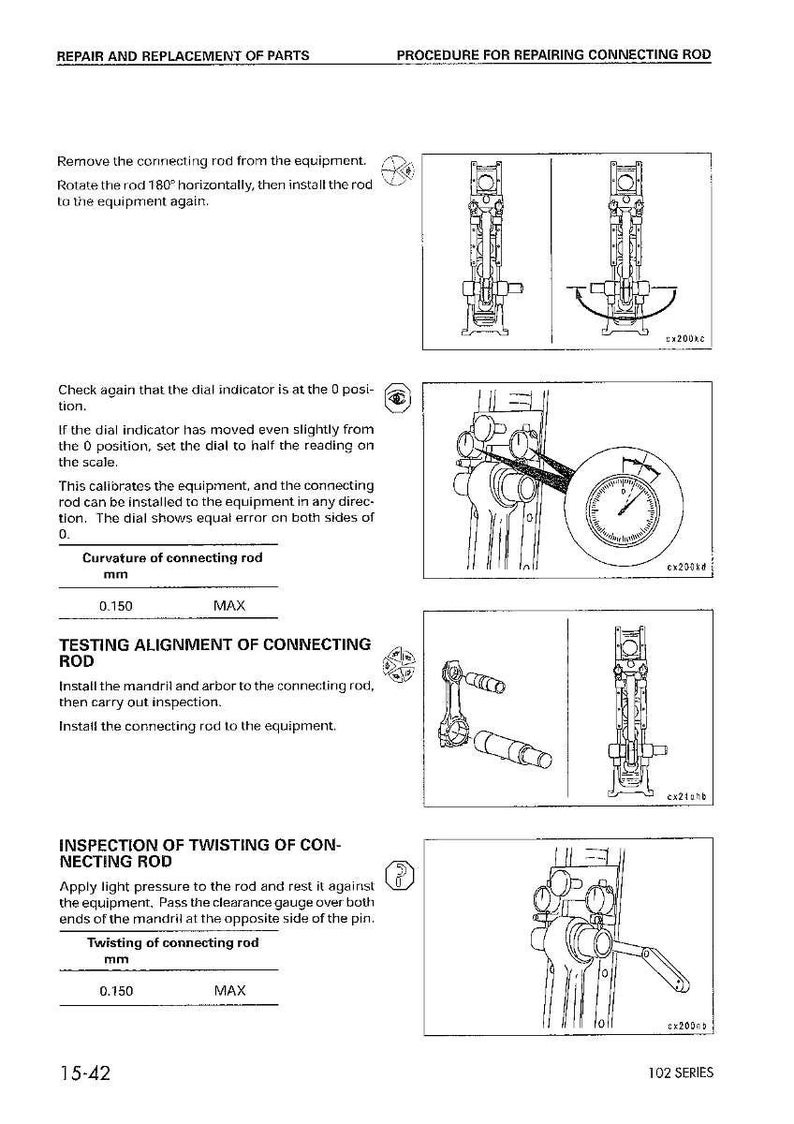 Puede incluir: Diagramas t&eacute;cnicos e instrucciones para reparar una biela. El texto detalla los pasos para retirar, girar e instalar la biela, con procedimientos de prueba e inspecci&oacute;n. Las medidas est&aacute;n en mil&iacute;metros.
