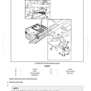 May include: Technical diagram showing how to remove and install a fore/aft isolator handle on a premium cab. The image includes detailed views of the handle, screw, clamping sleeve, and linkage rod, with a legend for reference.