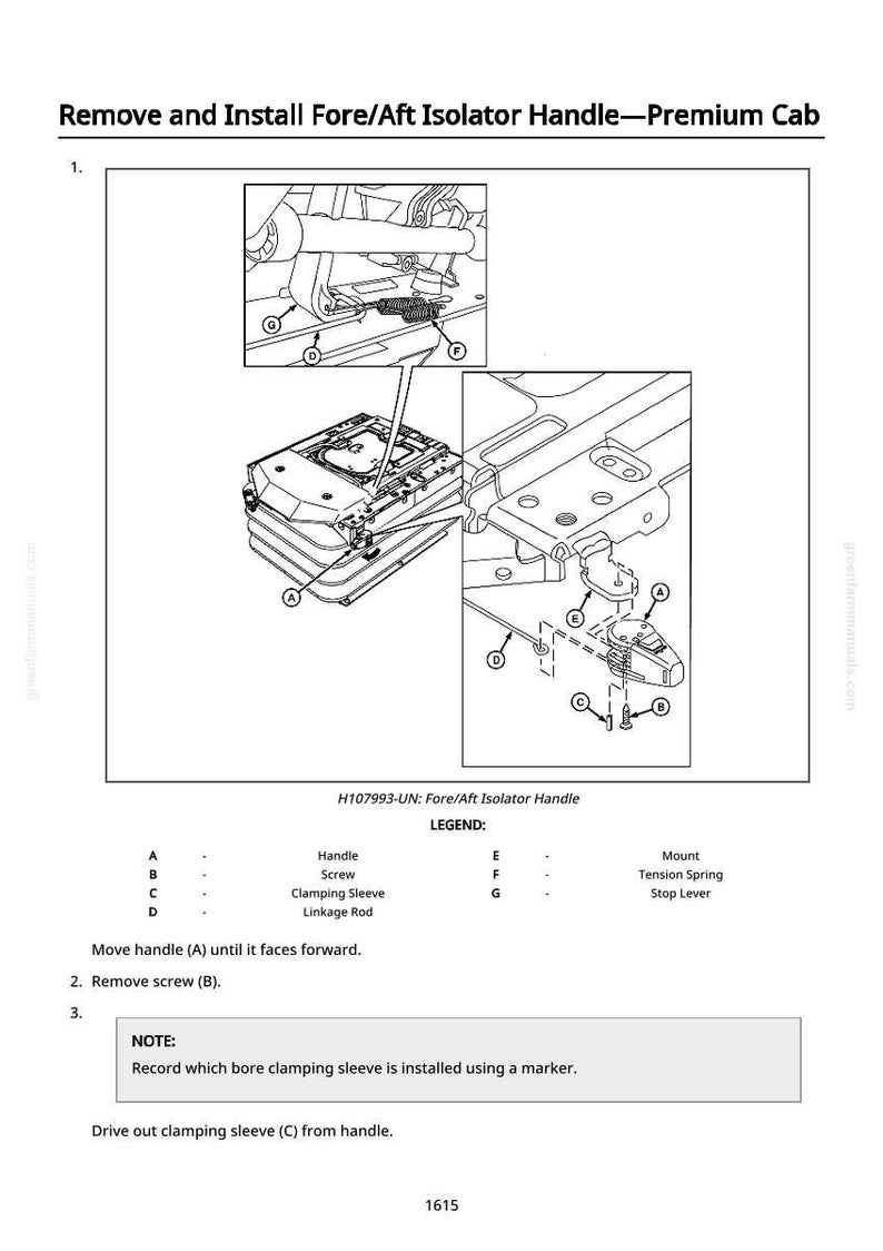 May include: Technical diagram showing how to remove and install a fore/aft isolator handle on a premium cab. The image includes detailed views of the handle, screw, clamping sleeve, and linkage rod, with a legend for reference.