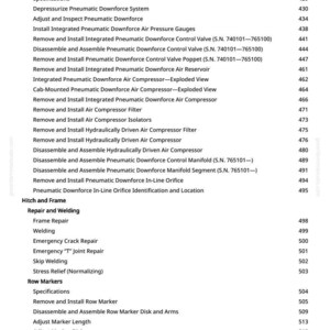 May include: A white page with a table of contents for a manual on pneumatic row unit downforce. The text includes sections on repair, welding, and row markers, with page numbers.