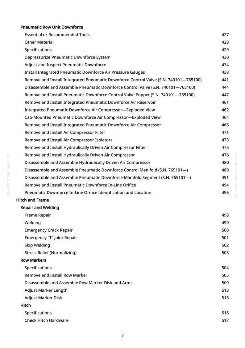 May include: A white page with a table of contents for a manual on pneumatic row unit downforce. The text includes sections on repair, welding, and row markers, with page numbers.