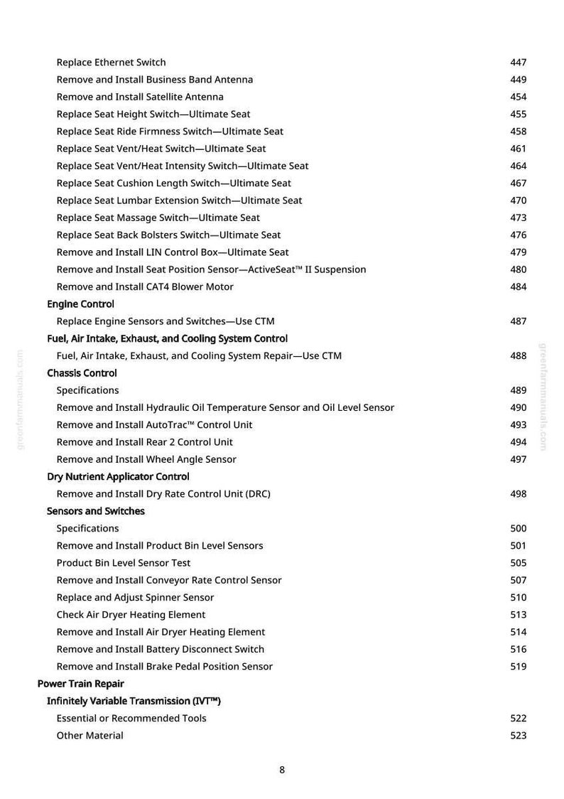 K&ouml;nnte beinhalten: Eine Seite aus einem Handbuch mit detaillierten Kfz-Reparaturverfahren. Der Text enth&auml;lt Punkte wie "Ethernet-Schalter ersetzen" und "Satellitenantenne aus- und einbauen", mit Seitenzahlen. Das Dokument stammt von greenfarmmanuals.com.