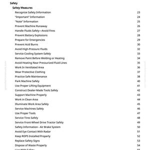 May include: A page from a manual titled "Table of Contents" with a list of safety measures, including "Prevent Machine Runaway" and "Avoid Acid Burns". The page number is 2.