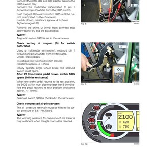 May include: Technical diagram from Fendt 300 Vario SCR brake system. Includes instructions for setting magnets, checking resistance with a multimeter, and adjusting brake pedals. Features a digital display and measurements in mm and bar.