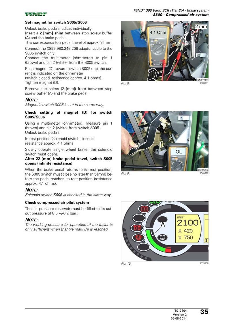 May include: Technical diagram from Fendt 300 Vario SCR brake system. Includes instructions for setting magnets, checking resistance with a multimeter, and adjusting brake pedals. Features a digital display and measurements in mm and bar.