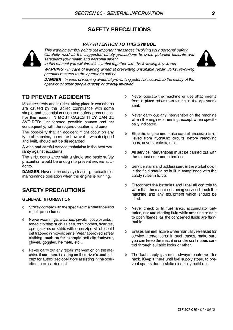 Puede incluir: Una p&aacute;gina de un manual con precauciones de seguridad, incluyendo advertencias e instrucciones. El texto es en negro, con un s&iacute;mbolo de advertencia. El manual cubre temas como la prevenci&oacute;n de accidentes e informaci&oacute;n general de seguridad.