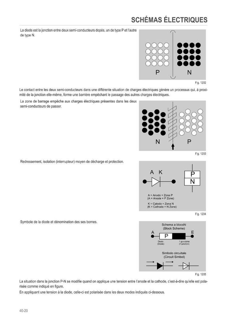 May include: Diagrams of electrical schematics with text in French. The image shows diagrams of diodes, including symbols and block schemes, with labels like 'P' and 'N' and annotations.