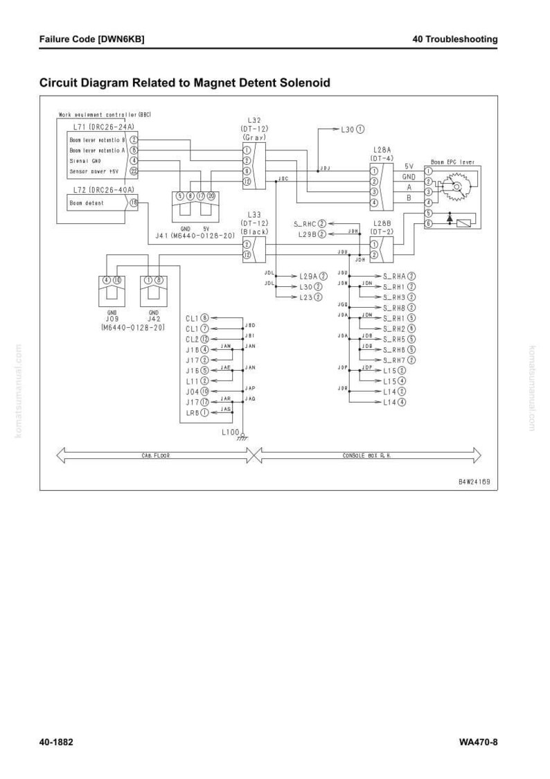 May include: A detailed circuit diagram related to a magnet detent solenoid, with text labels and component symbols. The diagram includes lines, boxes, and connectors, with labels such as "Failure Code" and "Circuit Diagram".