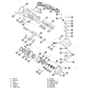 May include: Diagram of a Fendt Cargo T955 Telehandler axle housing and travel drive system, showing components such as screws, nuts, bearings, and shafts. Each part is labelled. The image is in black and white, with text in English.