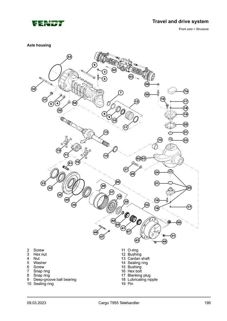 May include: Diagram of a Fendt Cargo T955 Telehandler axle housing and travel drive system, showing components such as screws, nuts, bearings, and shafts. Each part is labelled. The image is in black and white, with text in English.