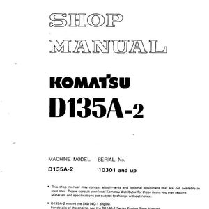 K&ouml;nnte beinhalten: Ein wei&szlig;es Werkstatthandbuch mit dem Text "SHOP MANUAL" in fetter, umrandeter Schrift. Darunter steht in schwarzer Schrift "KOMATSU D135A-2". Das Maschinenmodell ist D135A-2, und die Seriennummer ist 10301 und h&ouml;her.