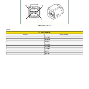 May include: Diagram of a C-22 EPAS connector, with a top-down view and an isometric view. The diagram includes labels for terminals 1 through 8 and a table detailing terminal and circuit number information.