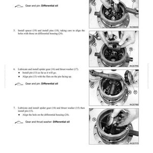 May include: A page from a repair manual detailing rear axle overhaul procedures. The black and white images show the disassembly and assembly steps, including lubricating and installing various gears, washers, and pins. Text labels identify each component.