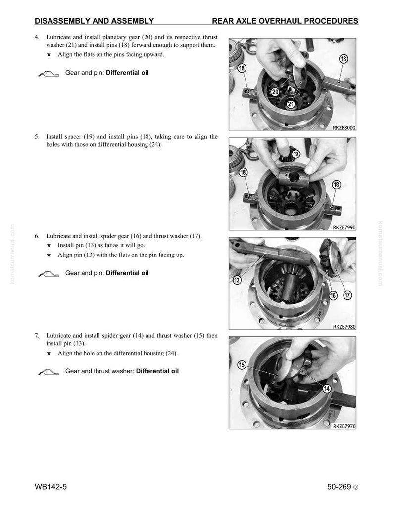 May include: A page from a repair manual detailing rear axle overhaul procedures. The black and white images show the disassembly and assembly steps, including lubricating and installing various gears, washers, and pins. Text labels identify each component.